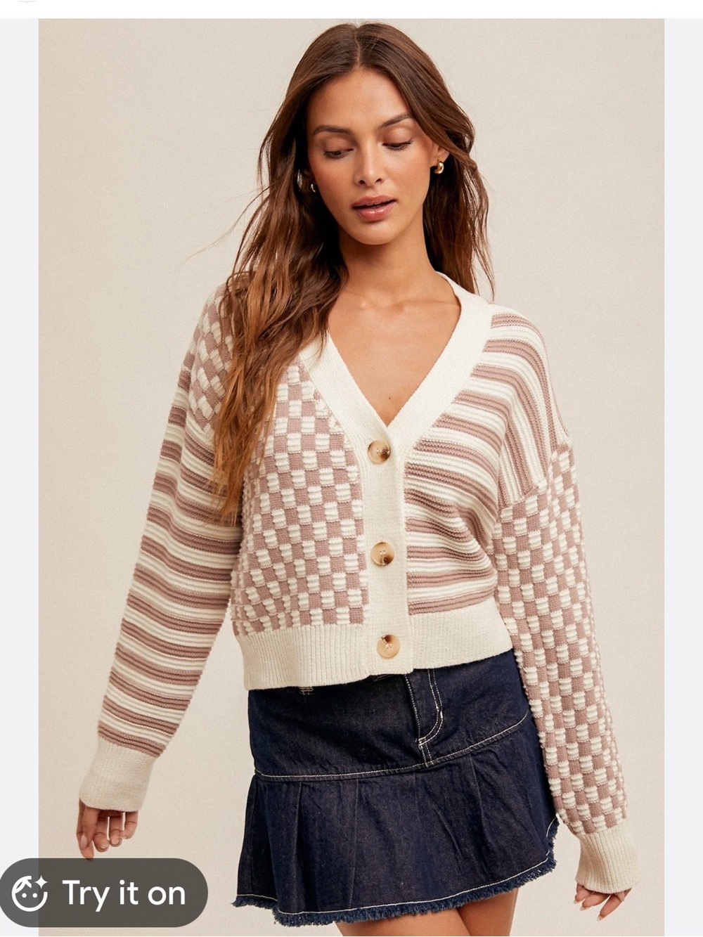 Cream & Tan Patterned Button-Front Cardigan fall Fall